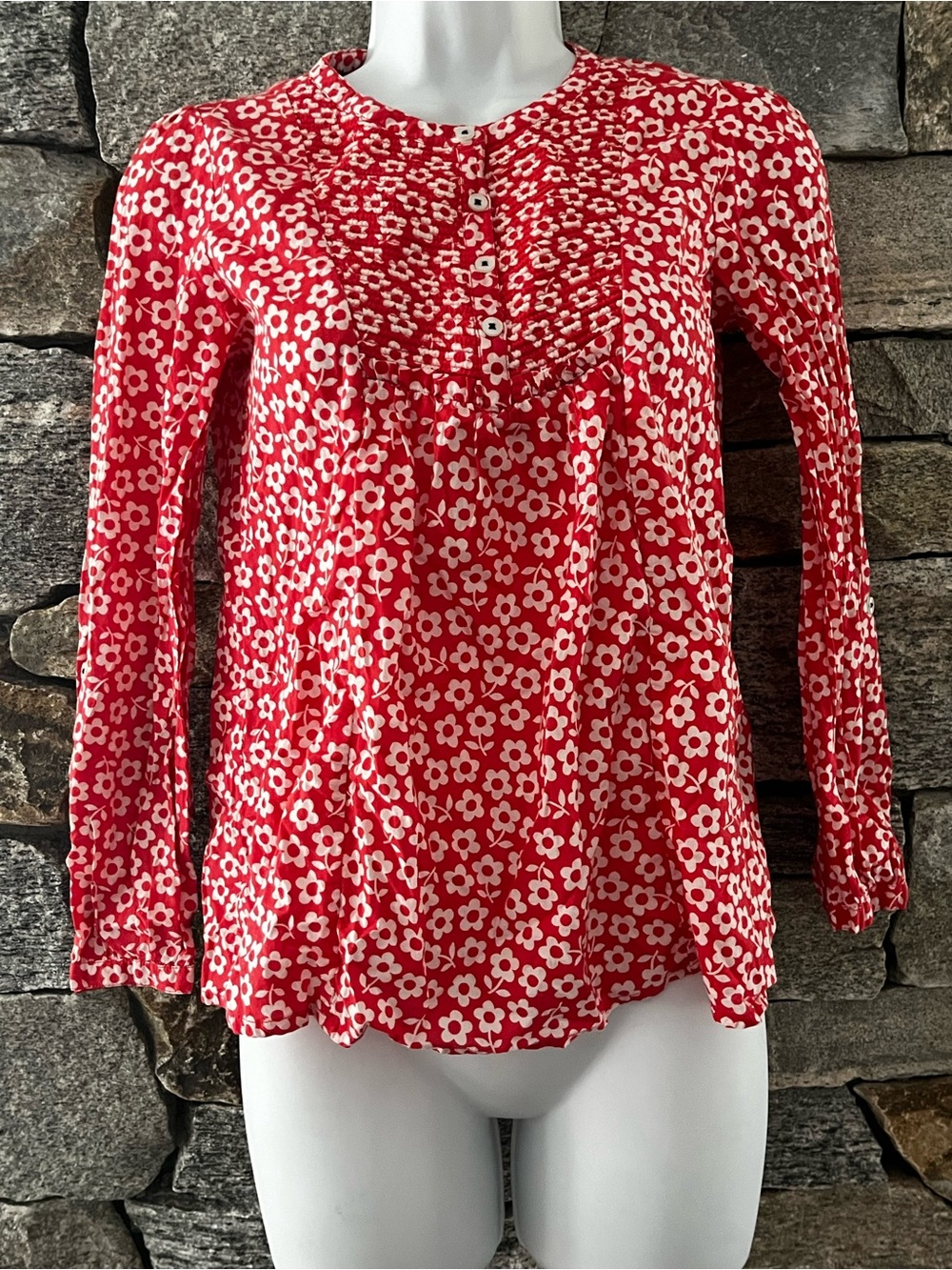 Mini Boden Red Floral Button-Pleat Long-Sleeve Blouse